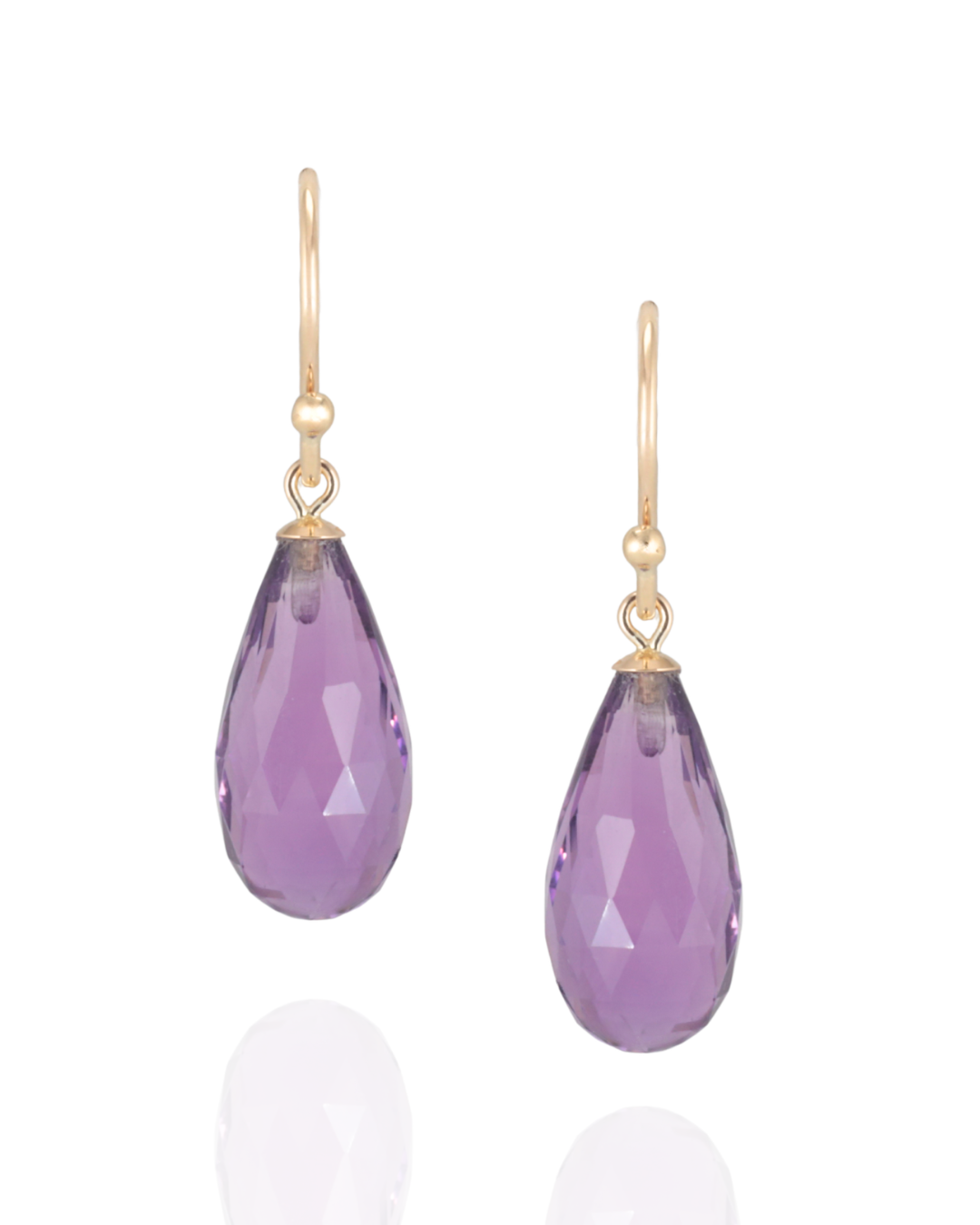 Purple teardrop earrings with gold hooks on a white background