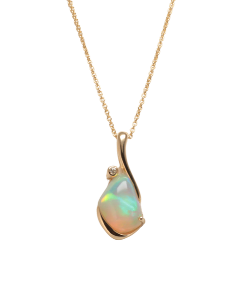 Andamooka white colourful opal pendant necklace set in yellow gold with diamond on a white background