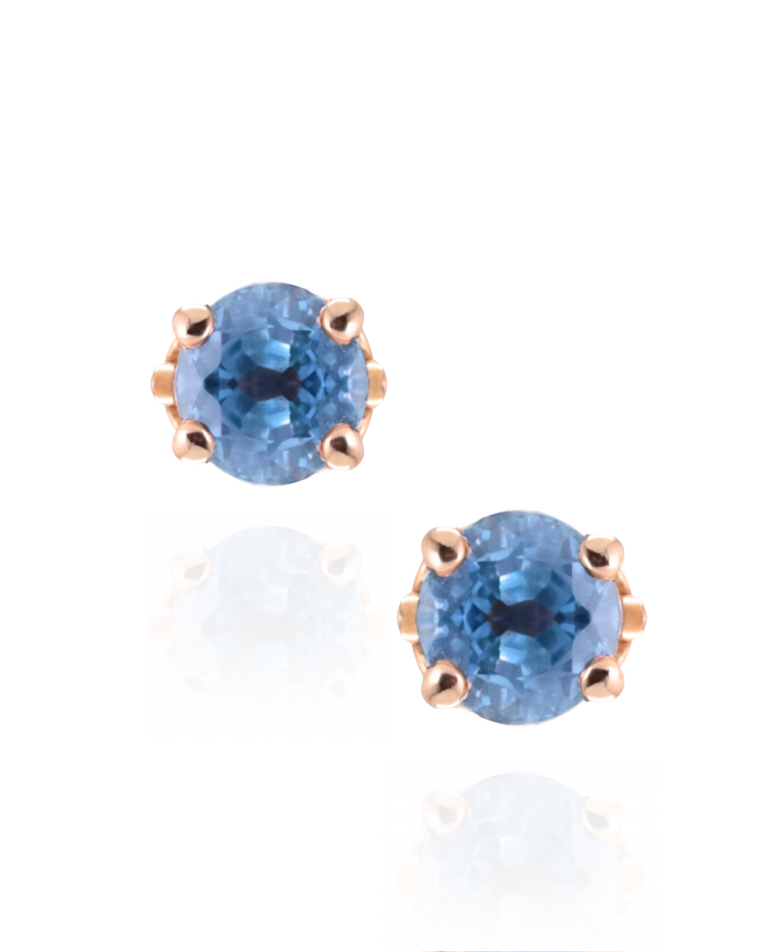 Pair of blue Sapphire gemstone stud butterfly earrings set in rose gold on a white background, Zappacosta Jewels 