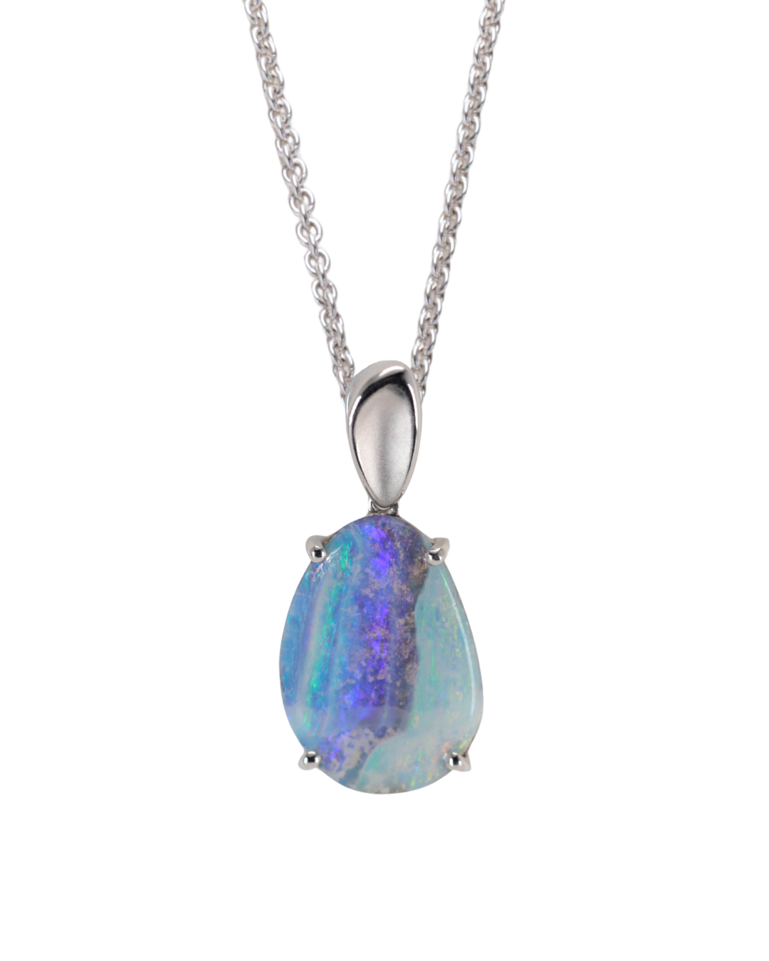 Blue Opal pendant necklace set in Sterling Silver on a white background Zappacosta Jewels