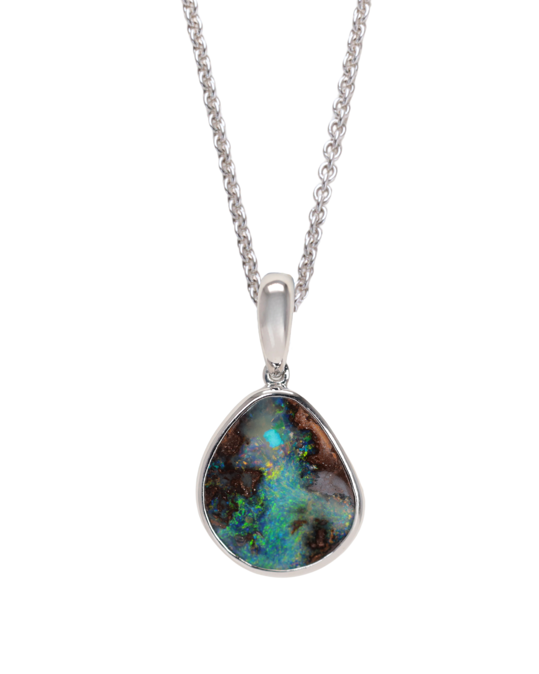 Blue, green and brown Boulder Opal pendant set in Sterling silver on a white background Zappacosta Jewels 