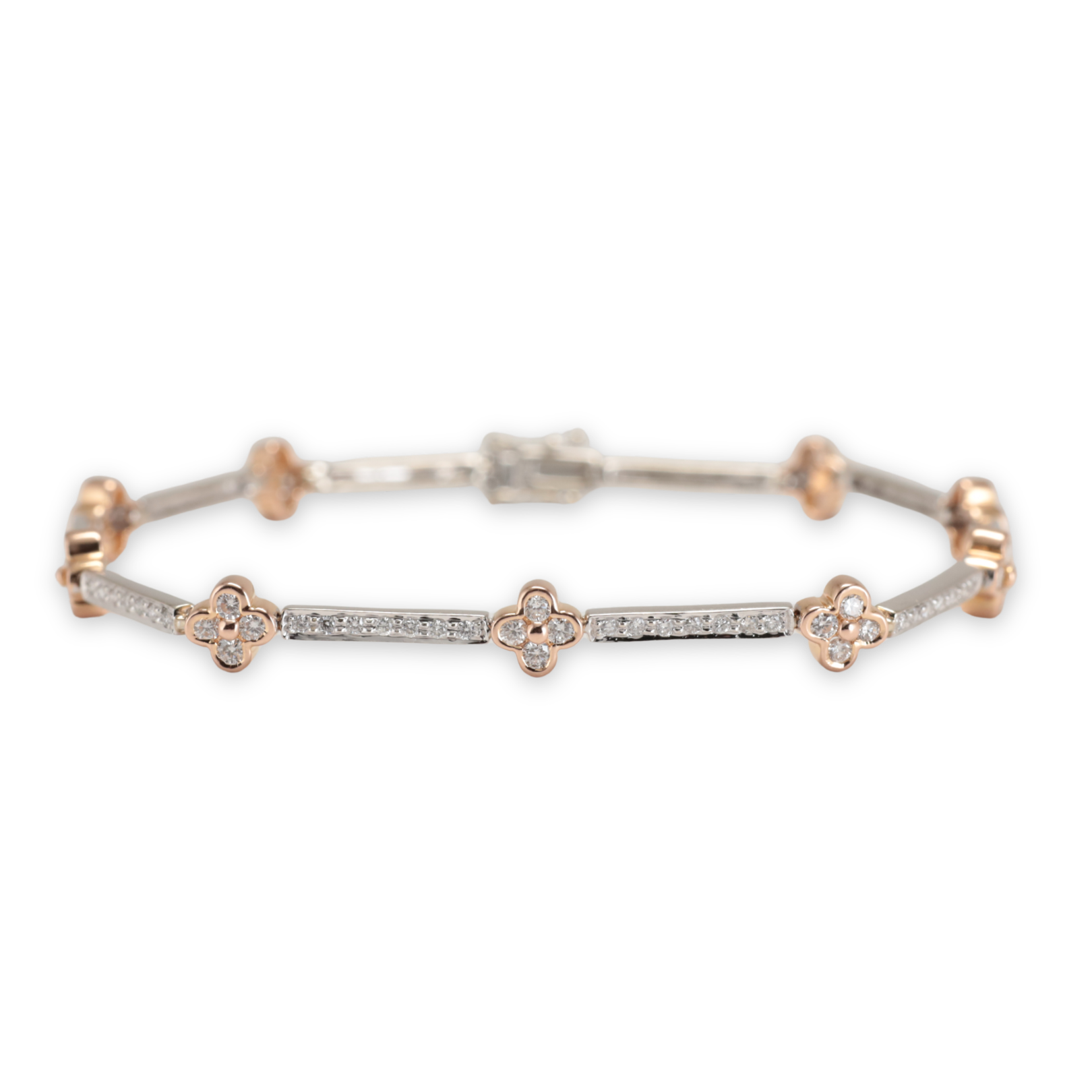 18ct rose gold clovers with 18ct white gold bracelet settings, with natural diamonds, hand made by Zappacosta Jewels, Sydney