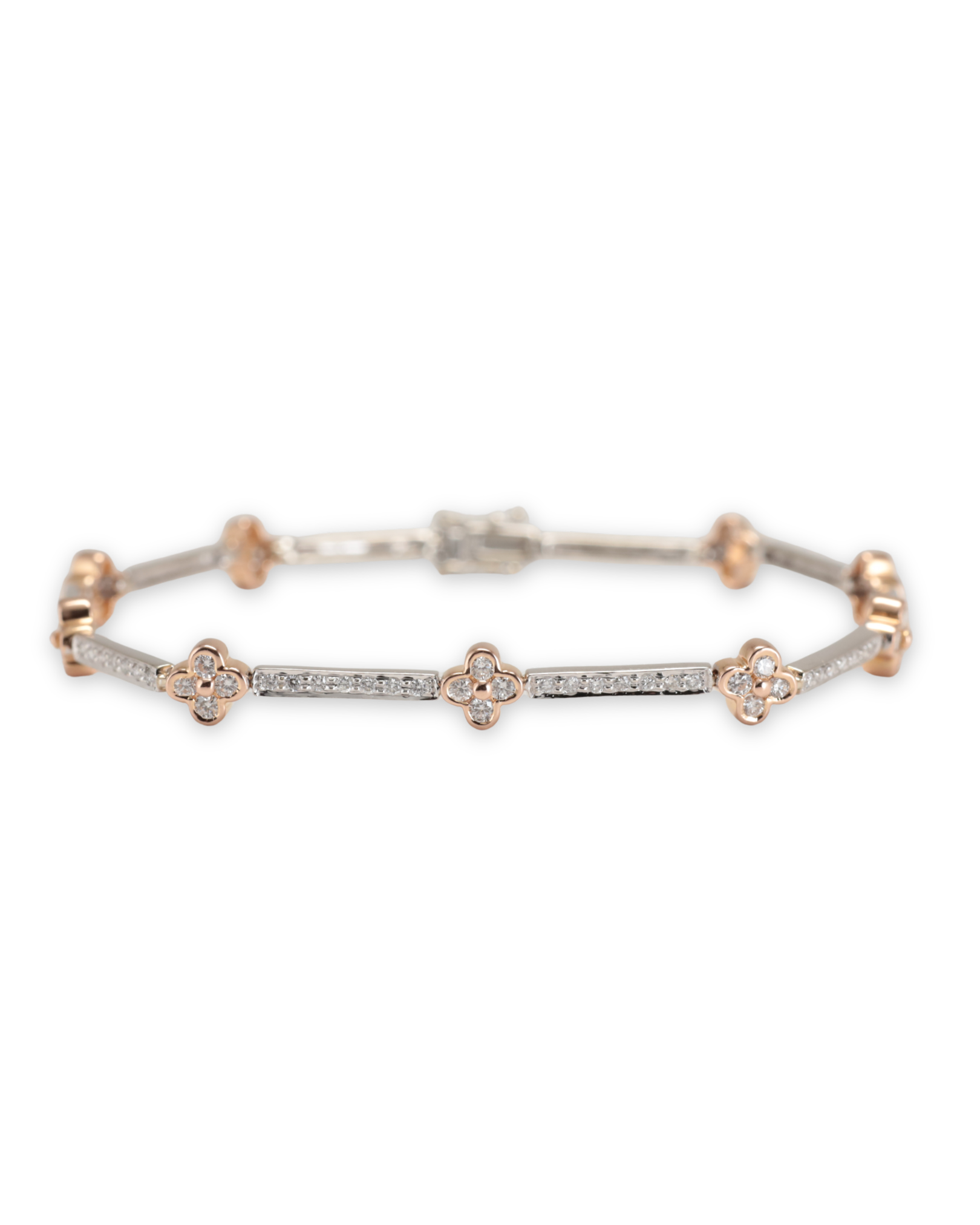 18ct rose gold clovers with 18ct white gold bracelet settings, with natural diamonds, hand made by Zappacosta Jewels, Sydney