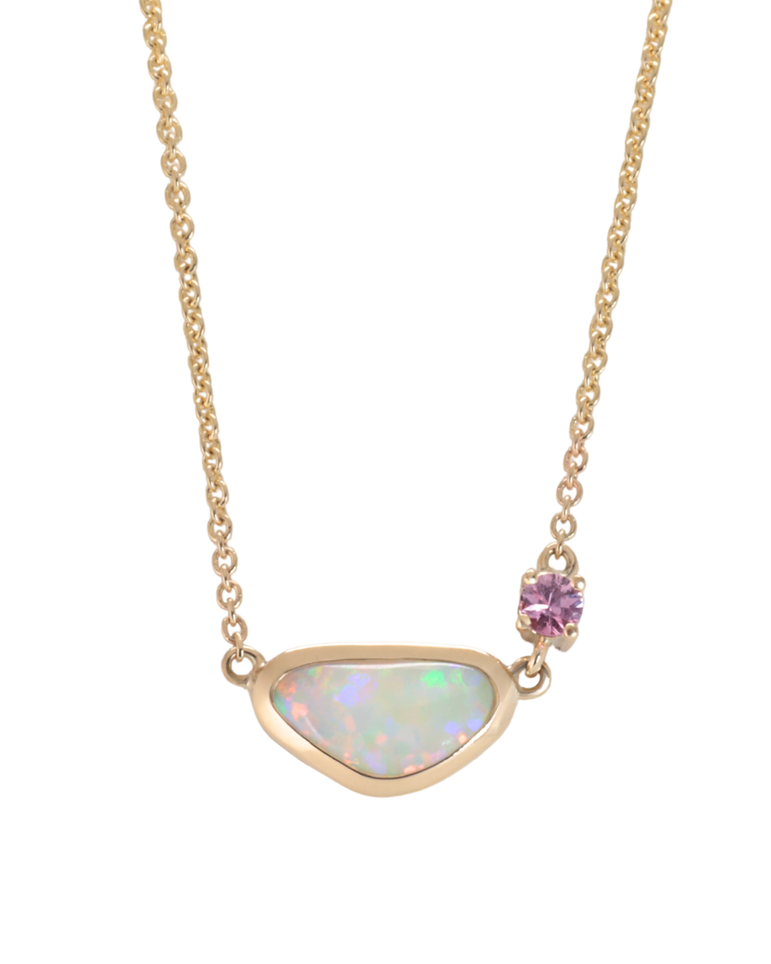 Necklace with a soft triangular Coober Pedy opal pendant and pink purple Shappire on a white background Zappacosta Jewels 