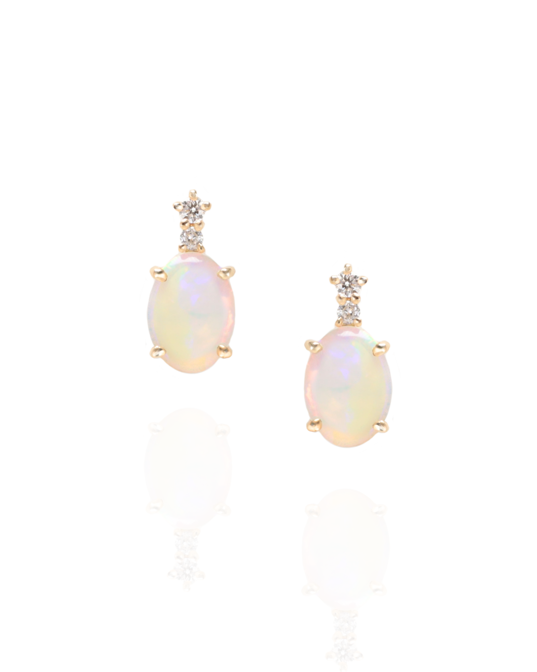 Crystal Opal stud earrings with Natural Diamonds set in yellow gold on a white background, Zappacosta Jewels 
