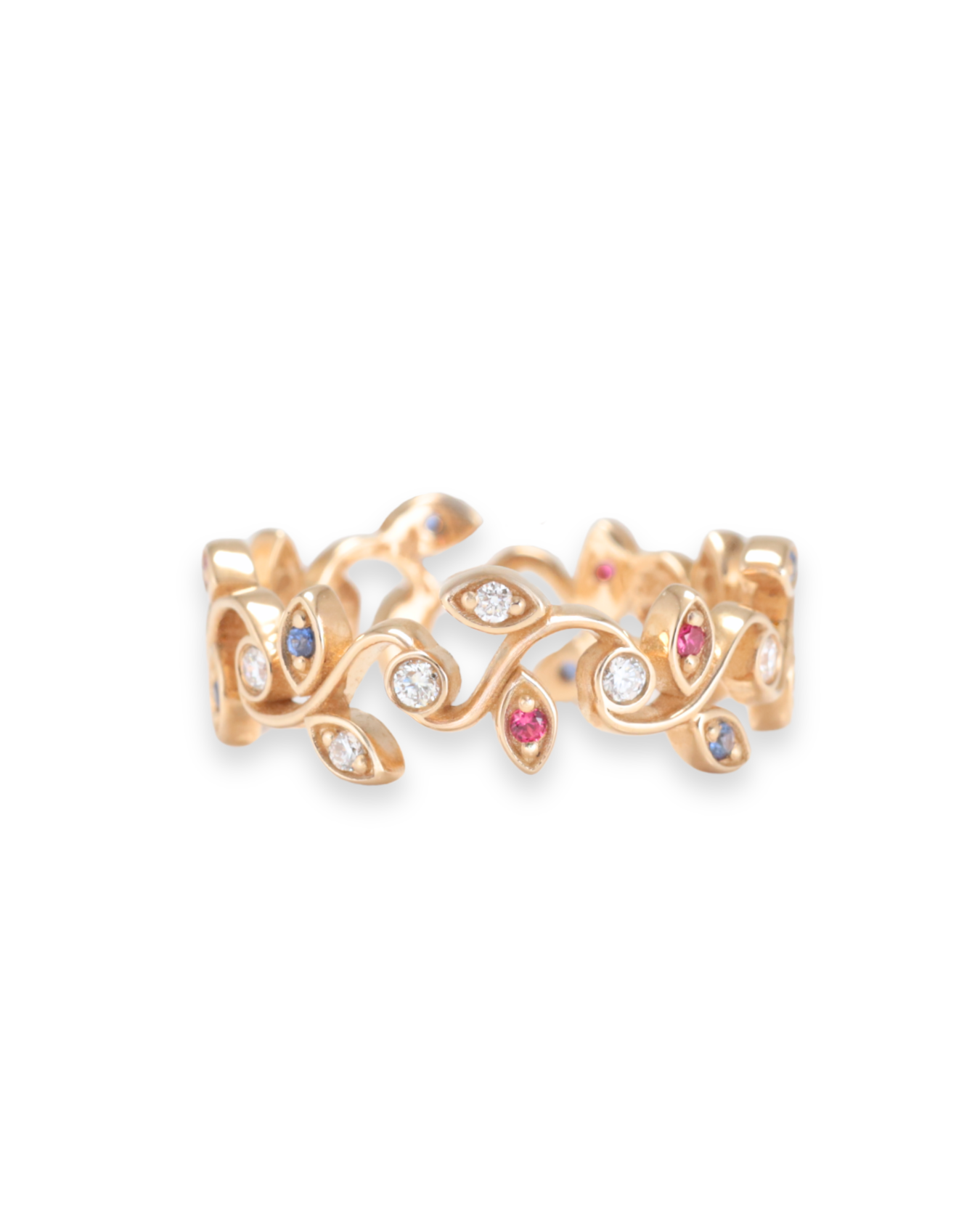 yellow Gold ring with Sapphire, Rubies. Diamonds, all natural gemstones. arranged in a vine ring, garden ring. on a white background, Zappacosta Jewels 