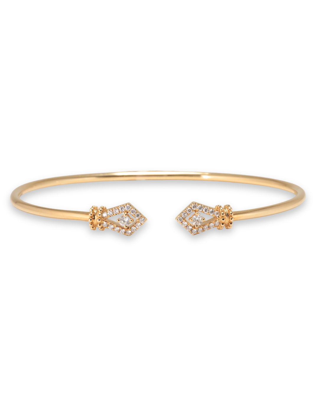 Gold bracelet with decorative diamond ends on a white background