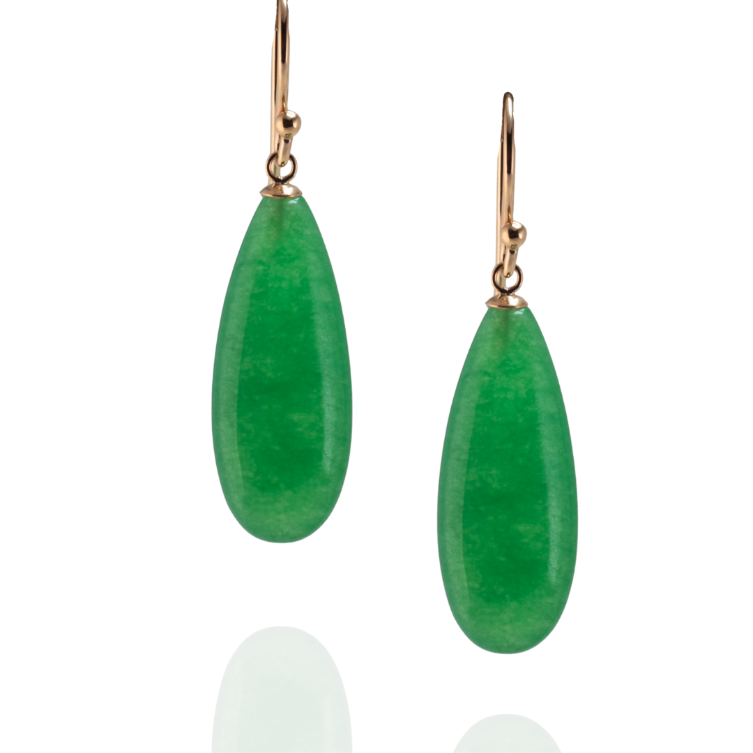 Green agate with yellow gold hook earrings on a white background