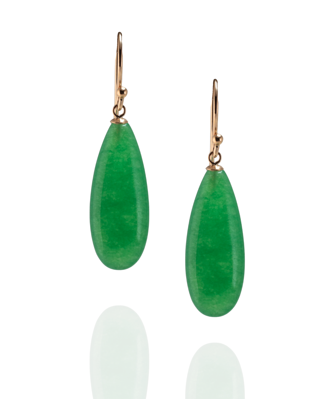 Green agate with yellow gold hook earrings on a white background