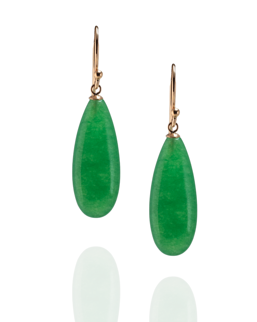 Green agate with yellow gold hook earrings on a white background