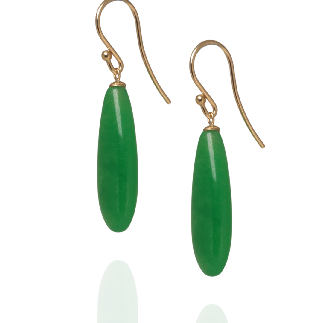 Green agate with yellow gold hook earrings on a white background