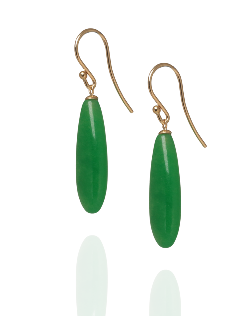 Green agate with yellow gold hook earrings on a white background
