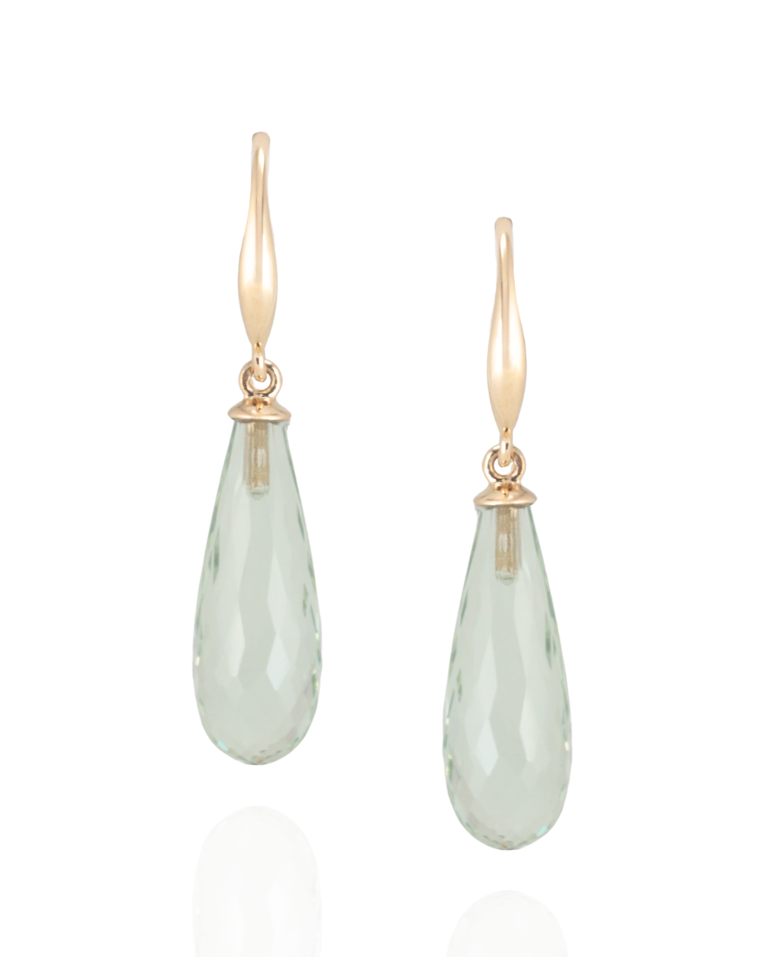 Pair of gold earrings with green amethyst teardrop-shaped stones on a white background