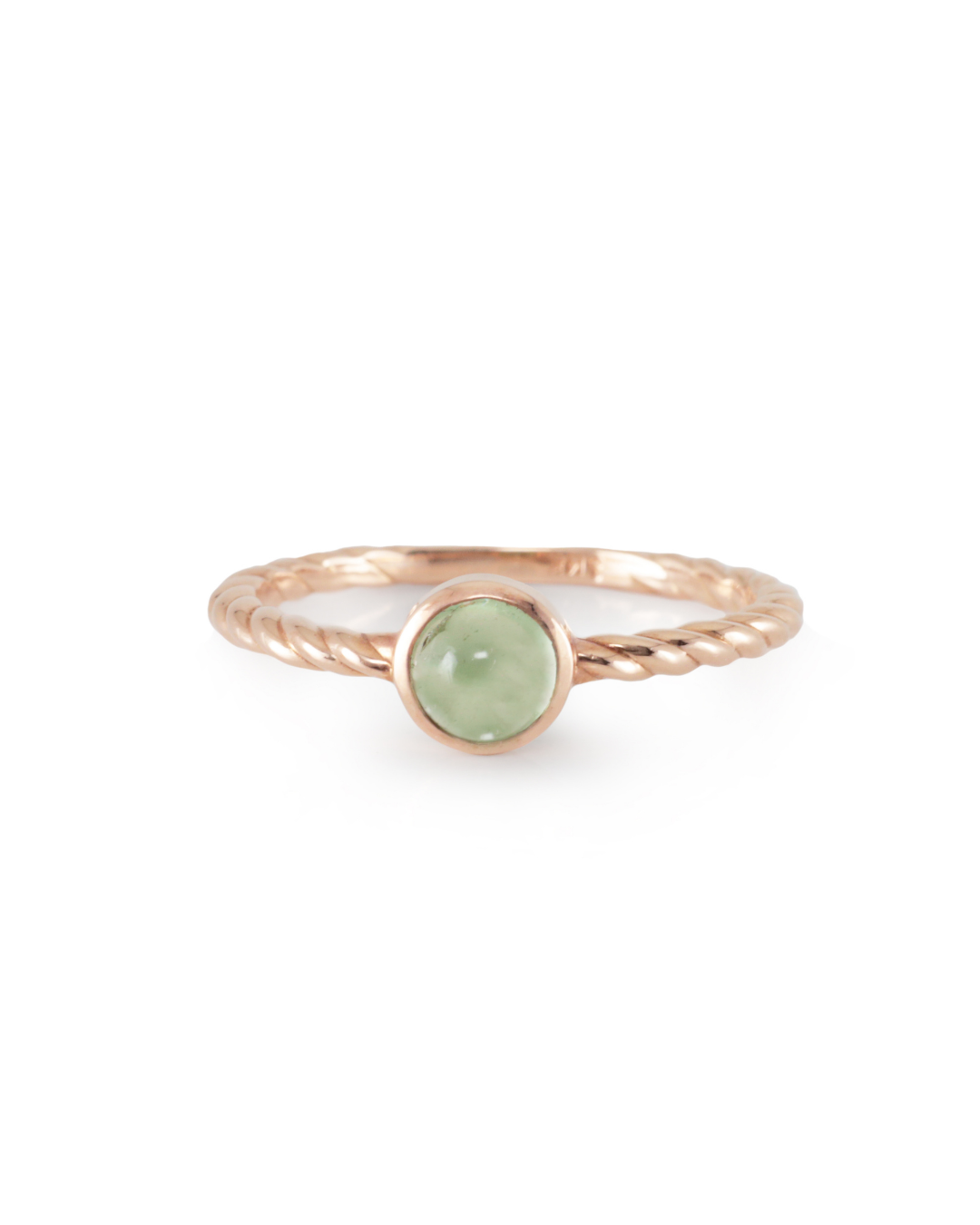 round Green Tourmaline gemstone ring, set in rose gold, woven style band, Zappacosta Jewels 