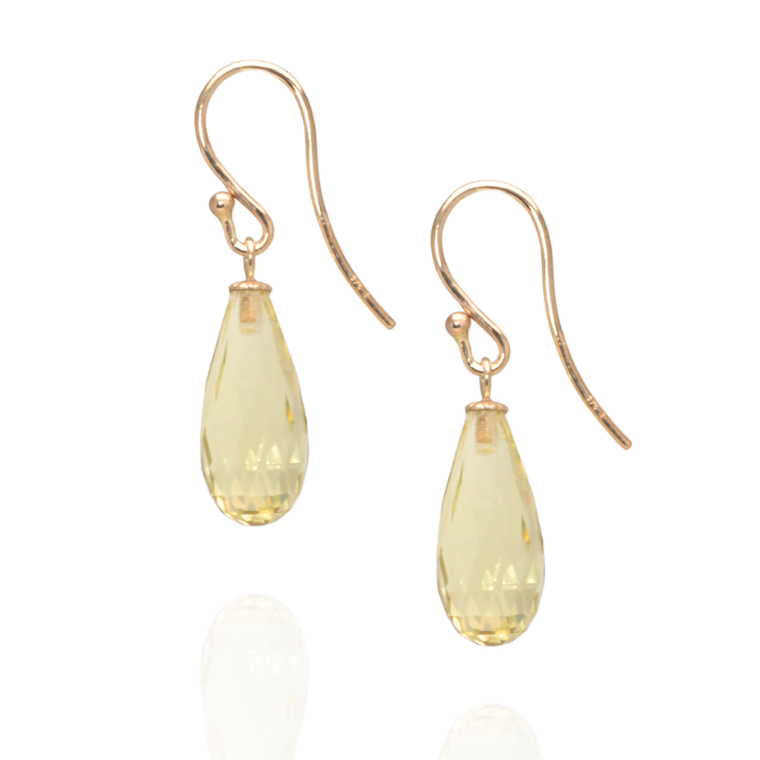 Lemon quartz drop earring with yellow gold hooks on a white background 