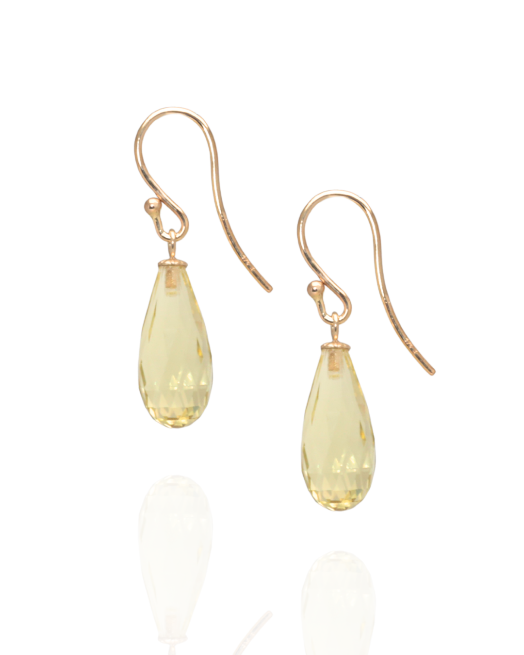 Lemon quartz drop earring with yellow gold hooks on a white background 