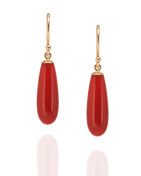Mediterranean red coral earrings suspended in yellow gold hooks on a white background