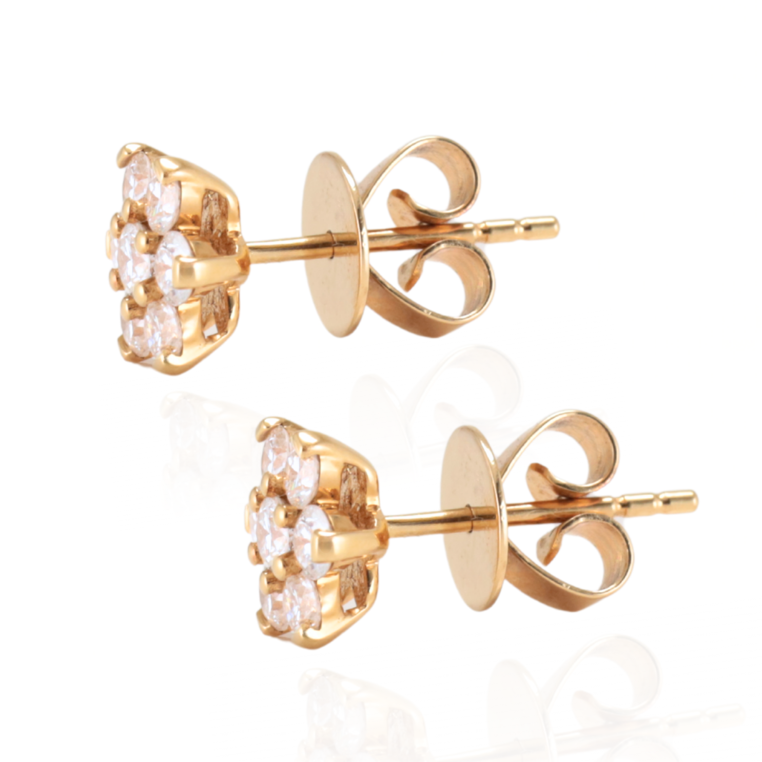 Pair of floral-shaped earrings with round cut natural Diamonds set in Yellow Gold studs on a white background, Zappacosta Jewels