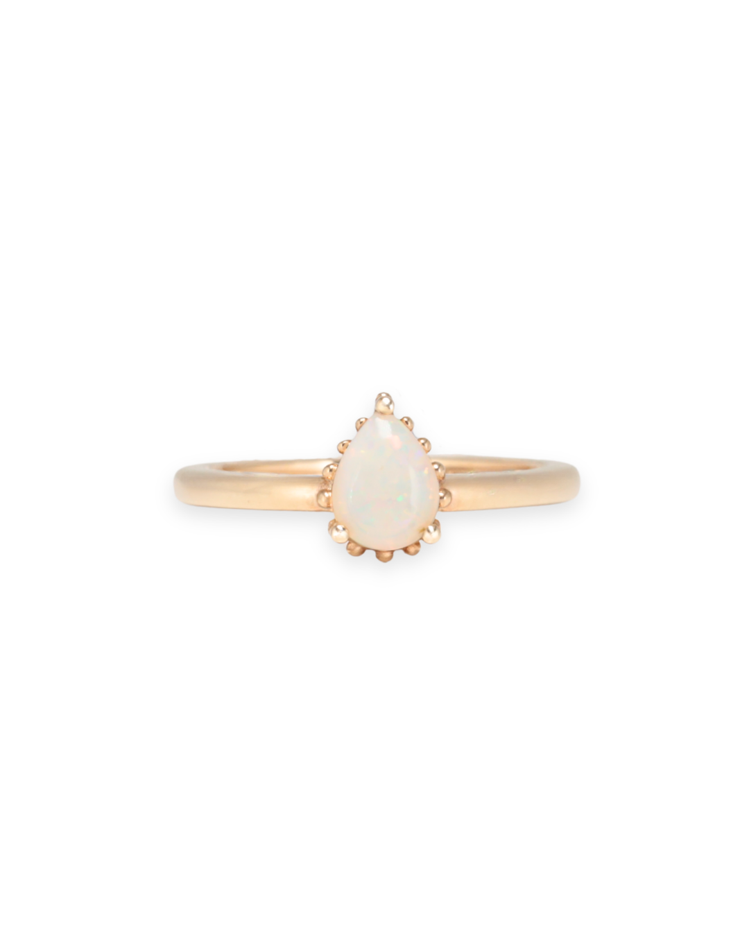 Yellow Gold ring with a pear shaped white opal stone on a white background, Zappacosta Jewels 