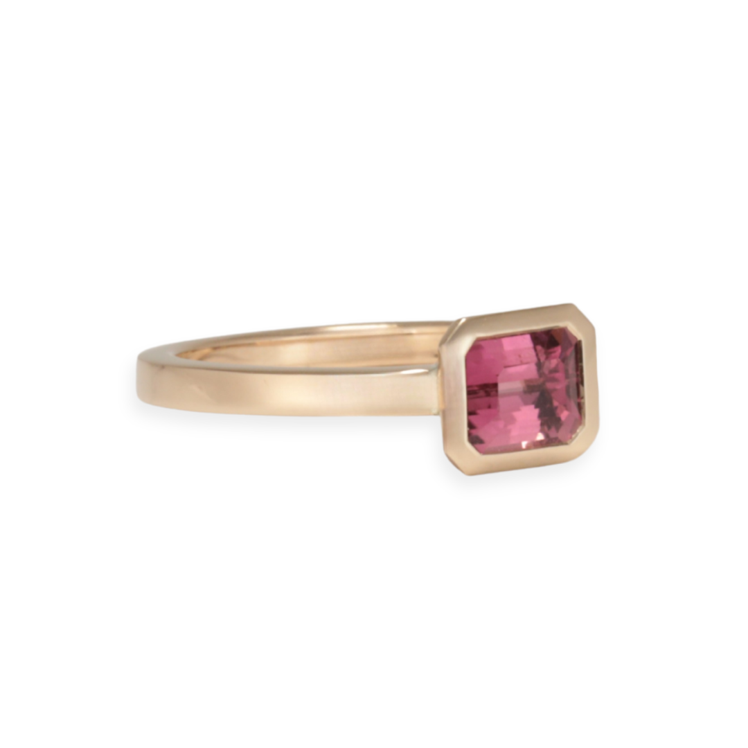 Yellow Gold ring with pink tourmaline gemstone on a white background Zappacosta Jewels
