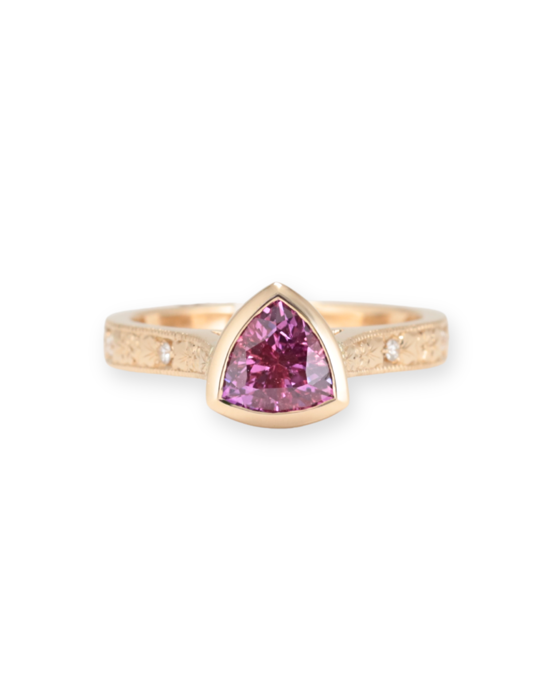 Triangle Pink Sapphire ring set in Yellow Gold with natural diamonds set within the band, Zappacosta Jewels 