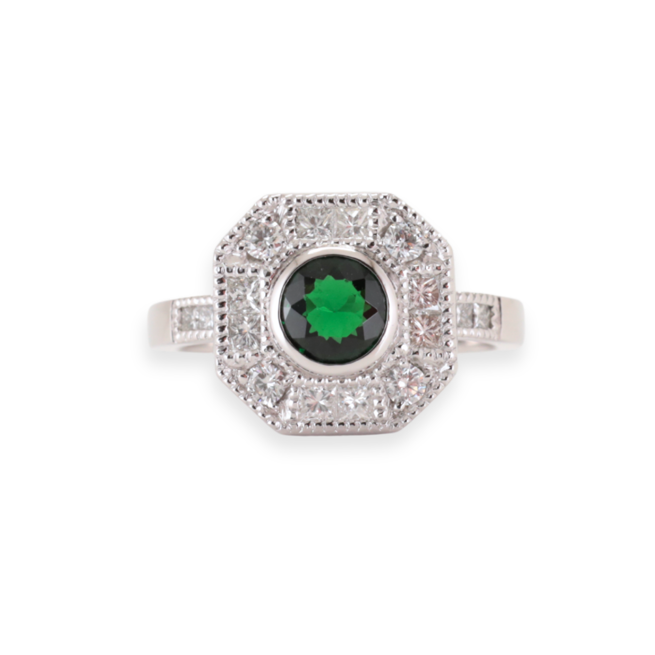 Platinum Tsavorite Garnet set with natural Diamonds in a square shape, with Diamonds set in the band. Zappacosta Jewels 