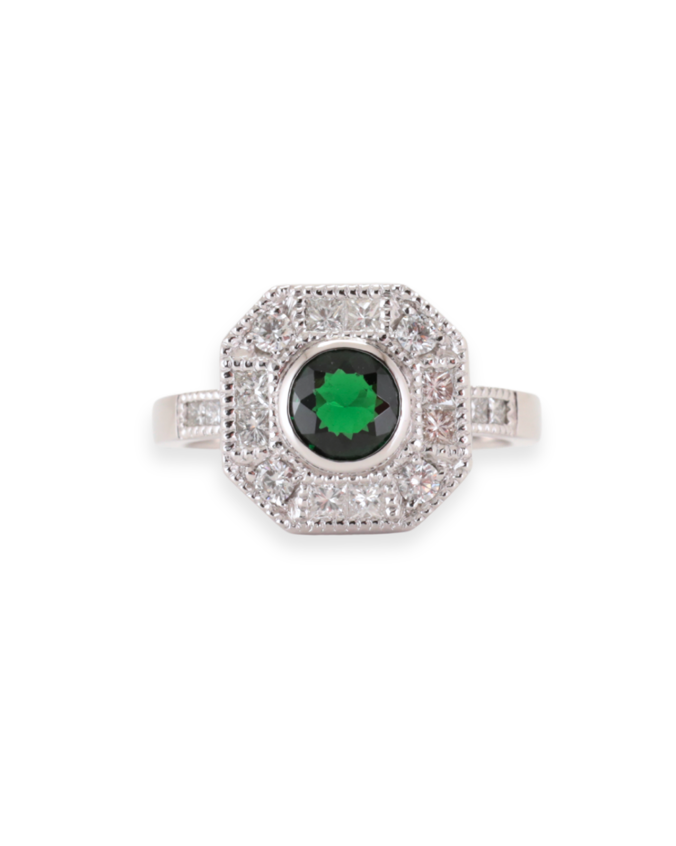 Platinum Tsavorite Garnet set with natural Diamonds in a square shape, with Diamonds set in the band. Zappacosta Jewels 