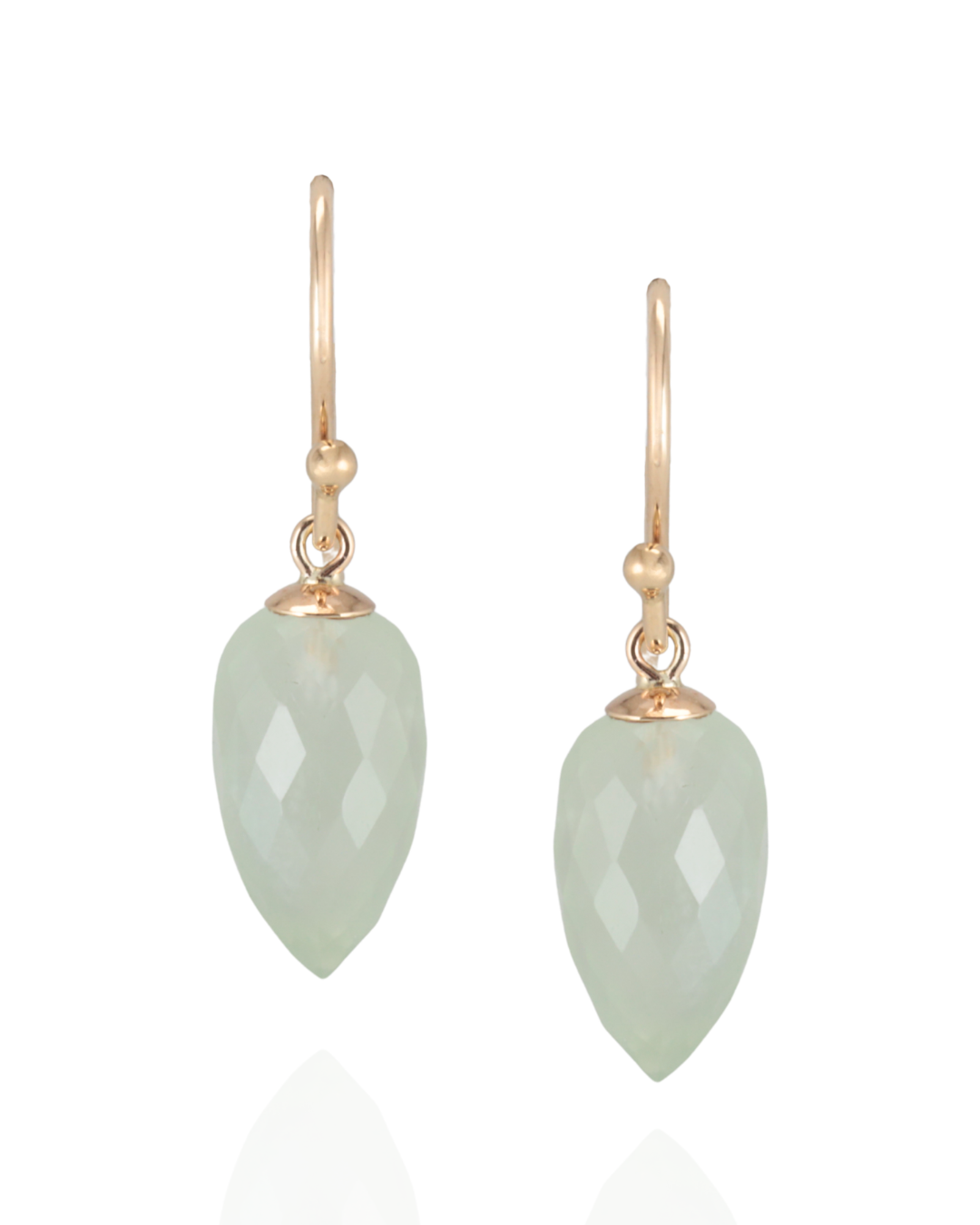Pair of earrings with Prenite green teardrop-shaped stones and gold hooks on a white background