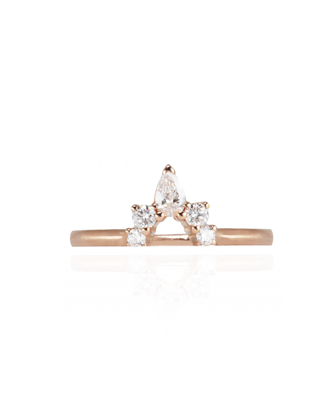 Rose gold ring with diamond accents on a white background