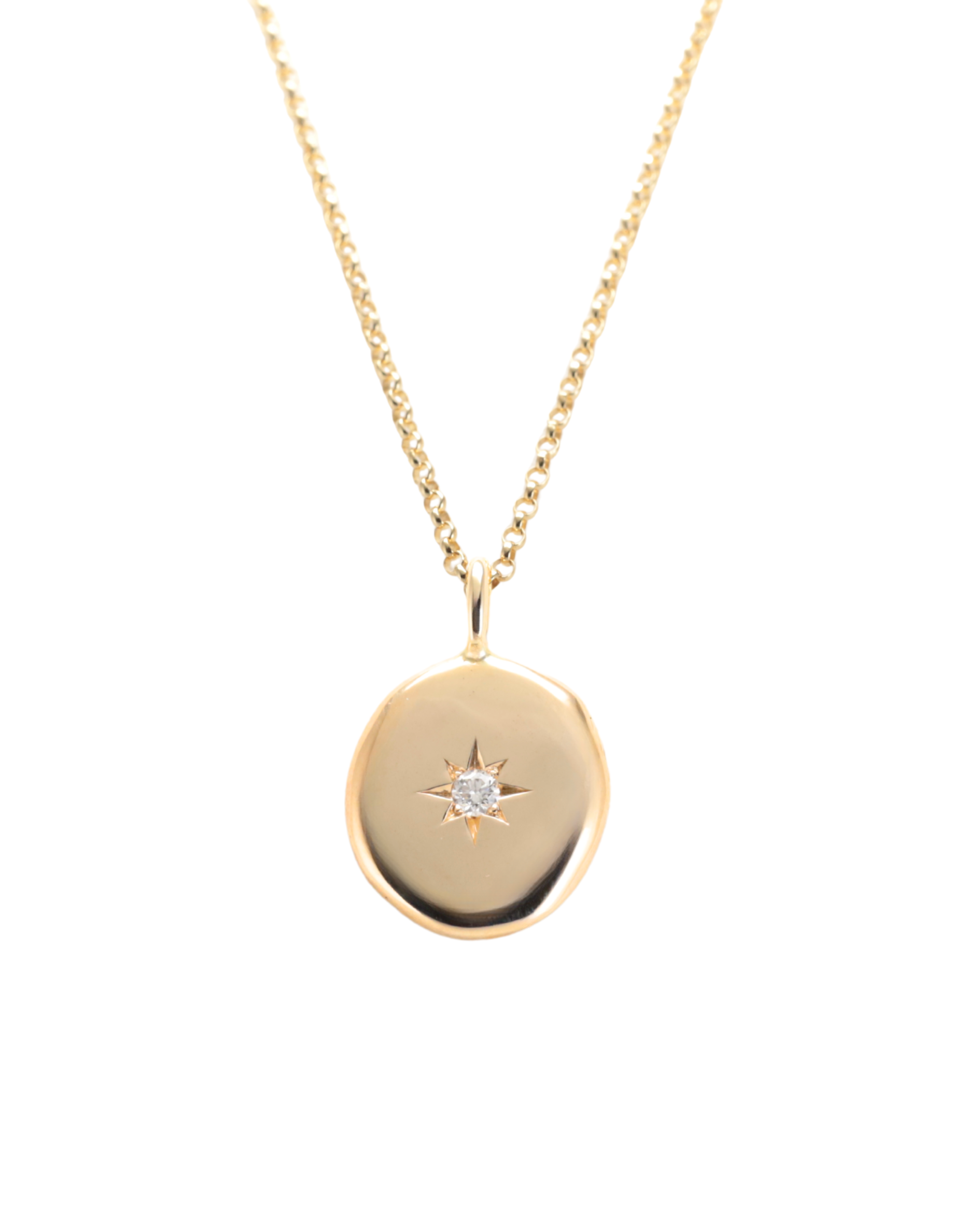 Yellow Gold pendant with single diamond in the centre with a star engraving around it, on a yellow gold chain, handcrafted by Zappacosta Jewels in Sydney 