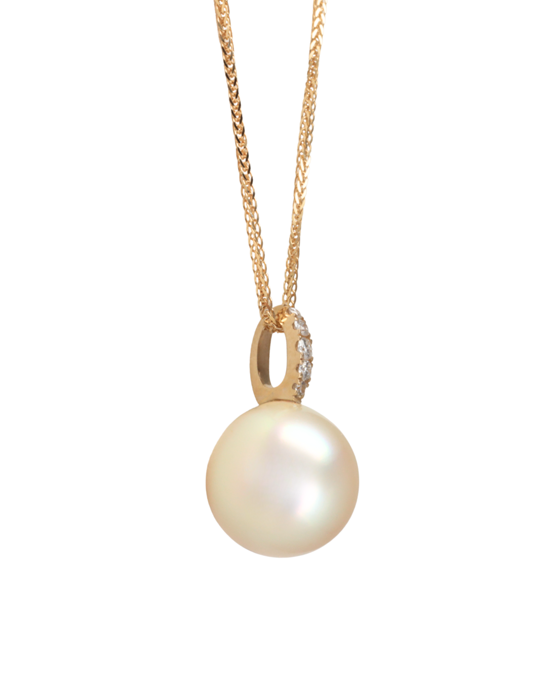 side view of a South Sea Pearl with Diamond pendant set in yellow gold on a yellow gold chain on a white background, Zappacosta Jewels 