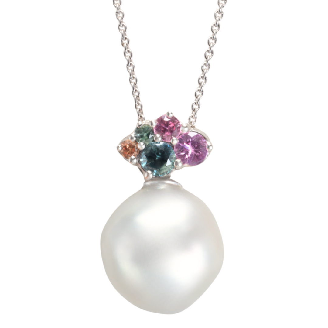 Natural south sea baroque pearl necklace with natural colourful sapphires, set in white gold, Zappacosta Jewels 