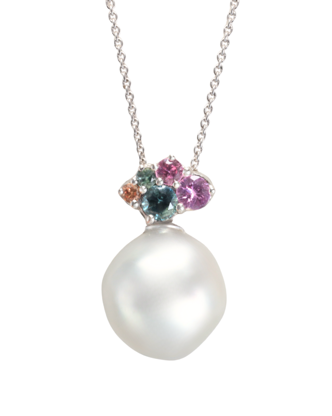 Natural south sea baroque pearl necklace with natural colourful sapphires, set in white gold, Zappacosta Jewels 