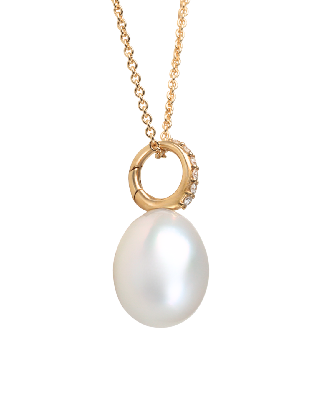 Side view of a south sea peal and diamond   pendant, set in yellow gold, Zappacosta Jewels 