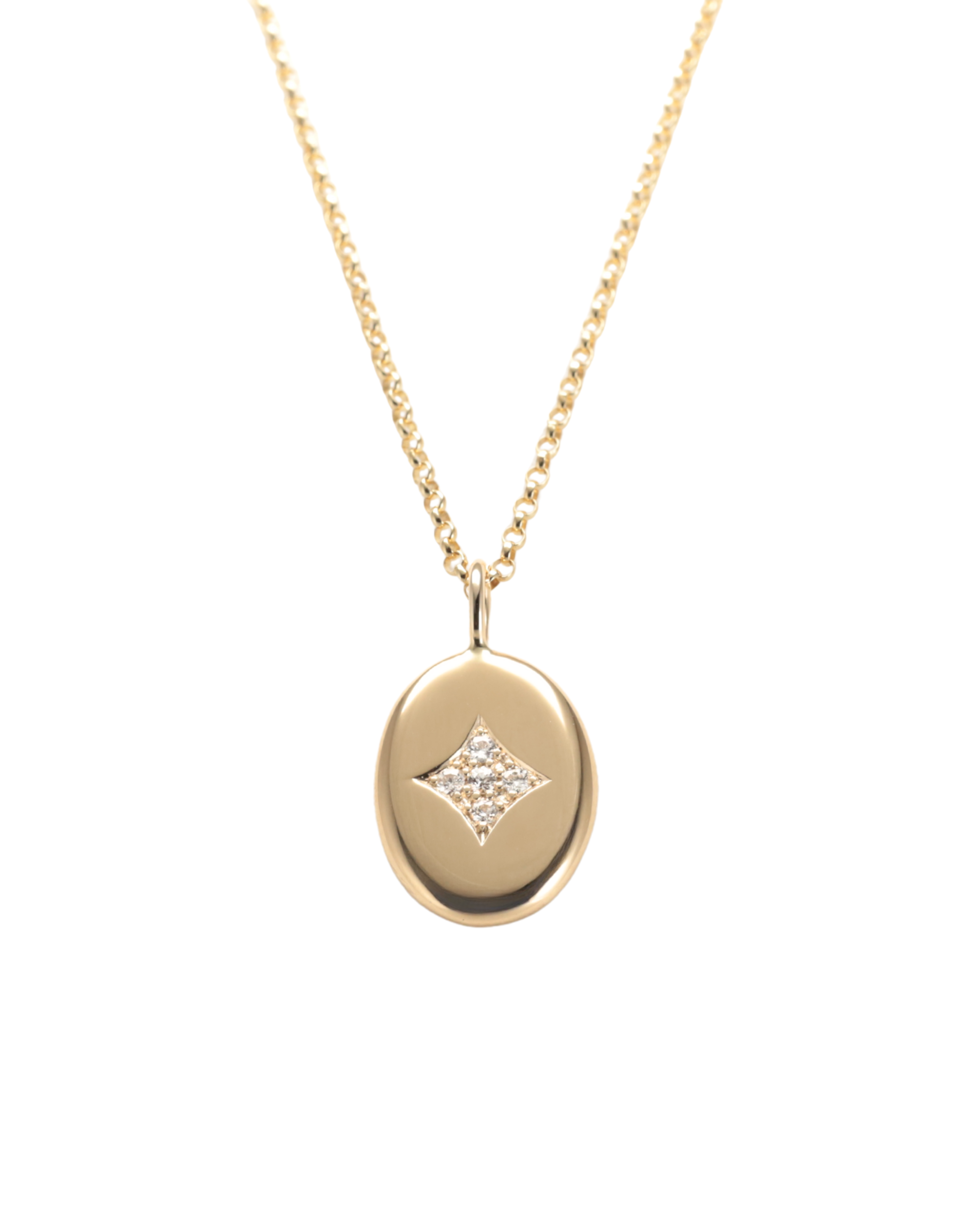 A gold oval pendant necklace featuring a small diamond-studded star motif in the center, suspended from a delicate gold chain against a plain white background. handcrafted by Zappacosta Jewels 