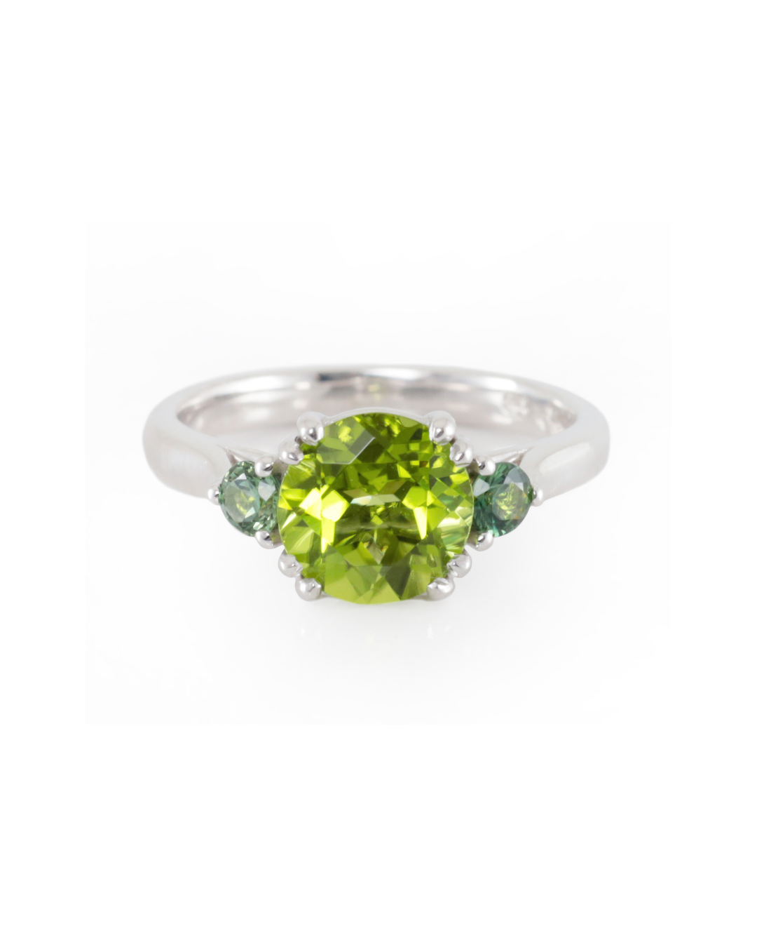 Peridot and Teal Sapphire Ring in White Gold