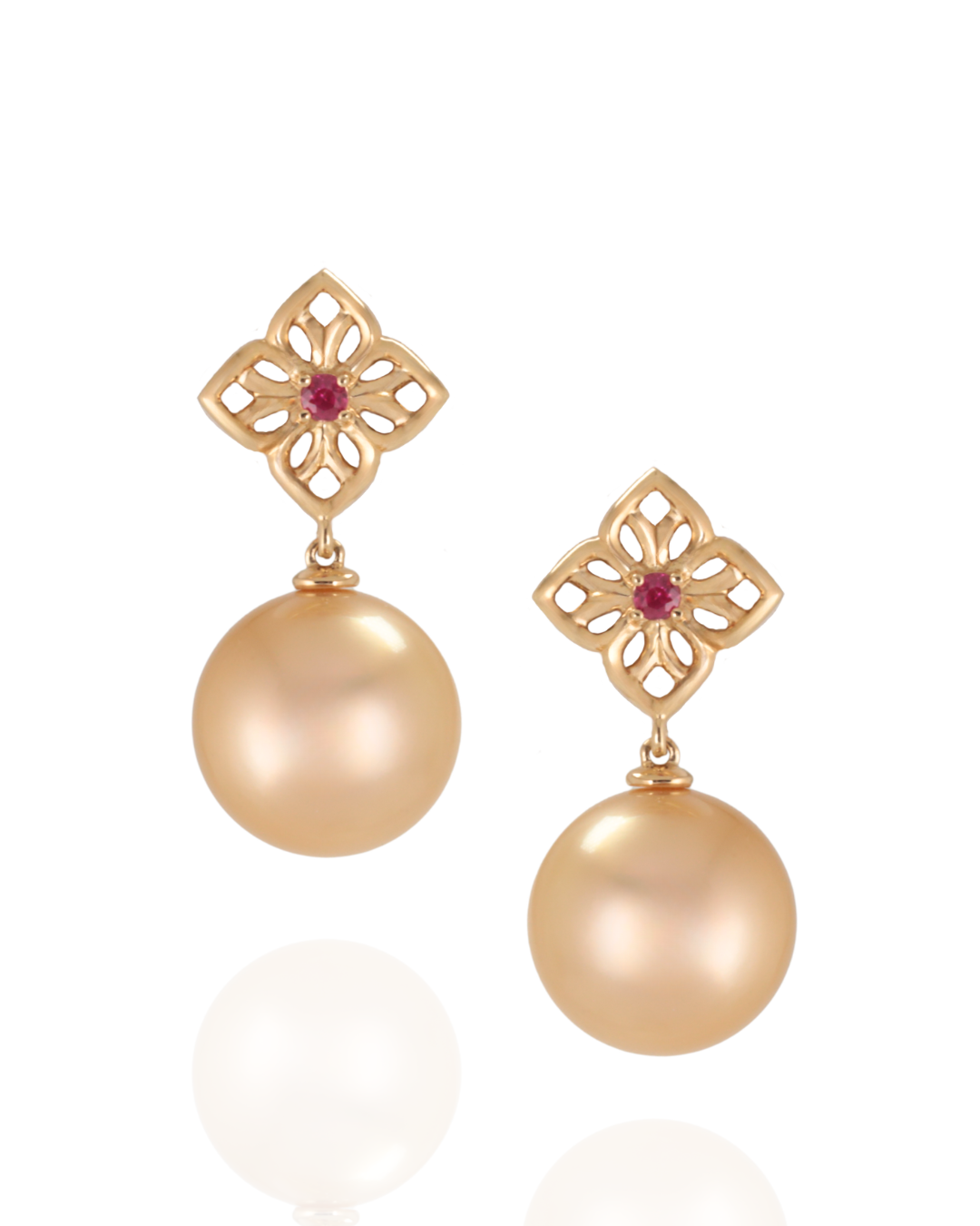Golden South Sea Pearl and Ruby Earrings set in Yellow Gold