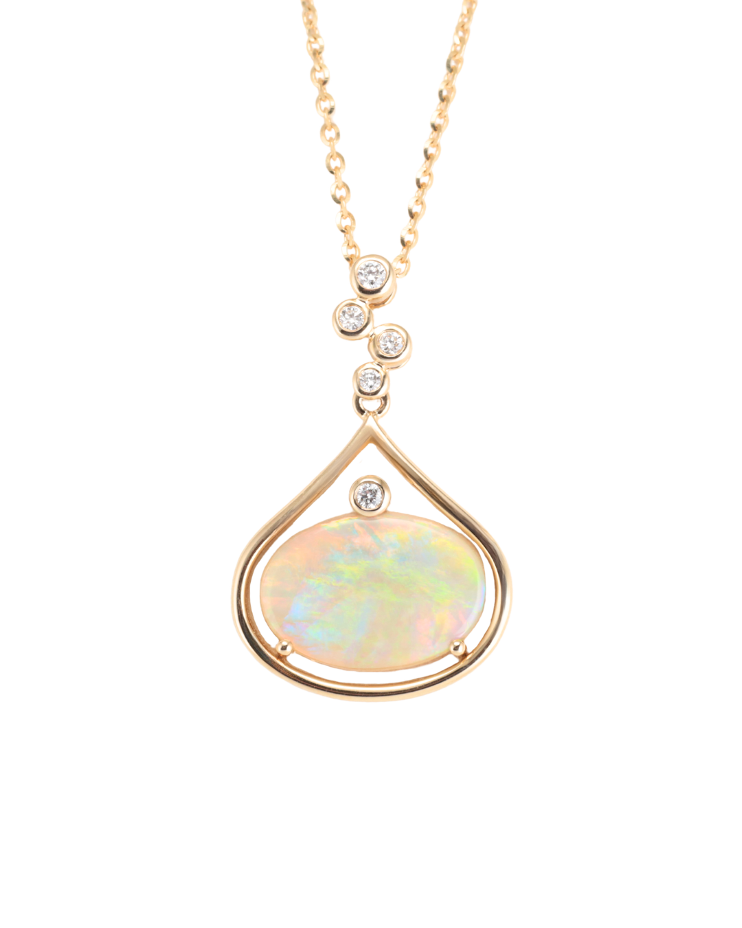 oval Opal pendant necklace set in yellow gold with natural Diamonds with yellow gold chain chain on a white background. Zappacosta Jewels 