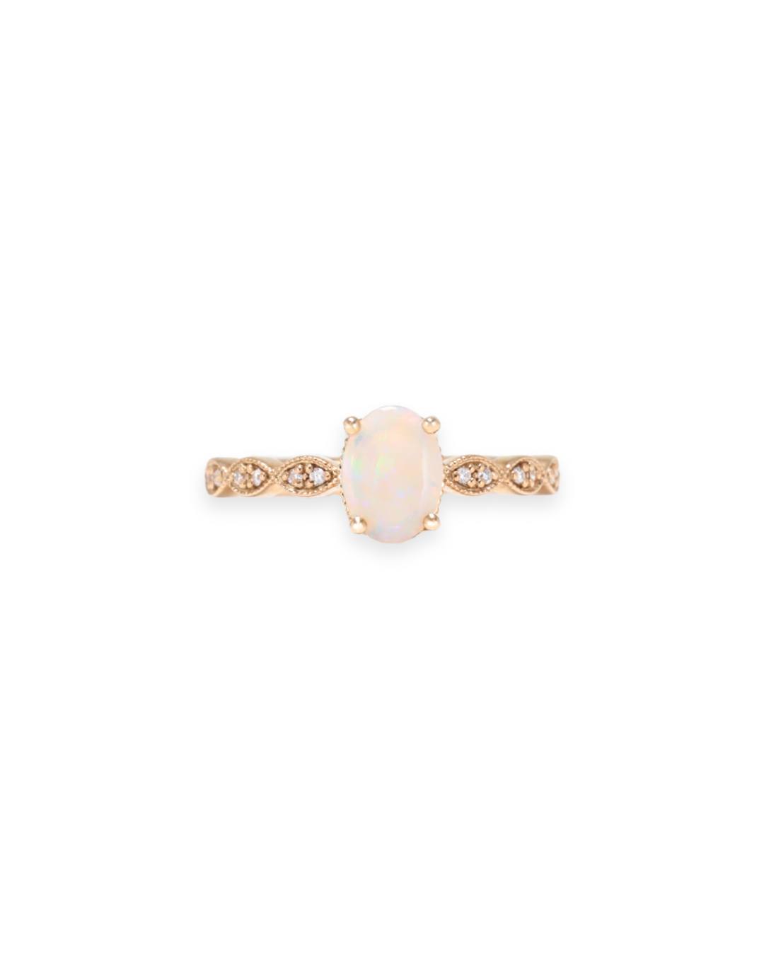 Yellow Gold gold ring with a oval white opal stone with natural diamonds set into the band, on a white background, Zappacosta Jewels