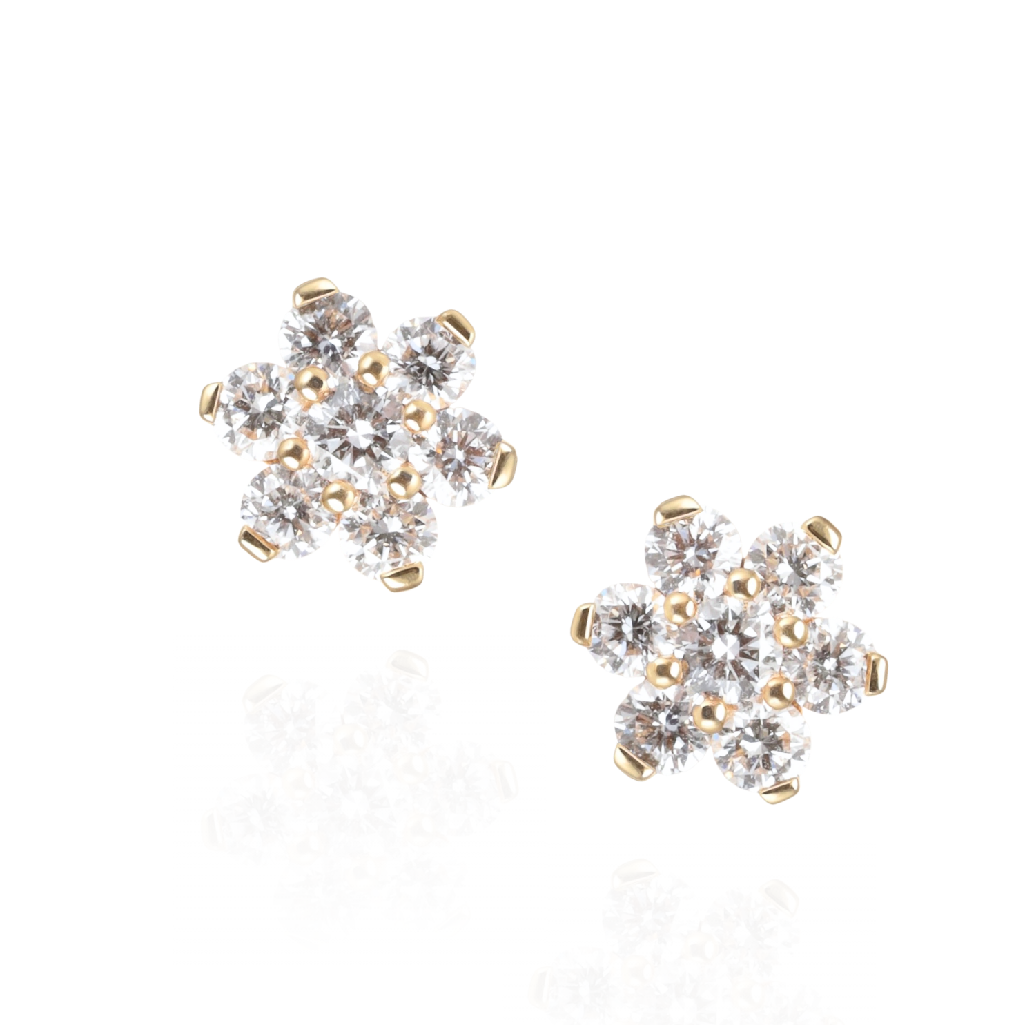 Pair of floral-shaped earrings with round cut natural Diamonds set in Yellow Gold studs on a white background, Zappacosta Jewels
