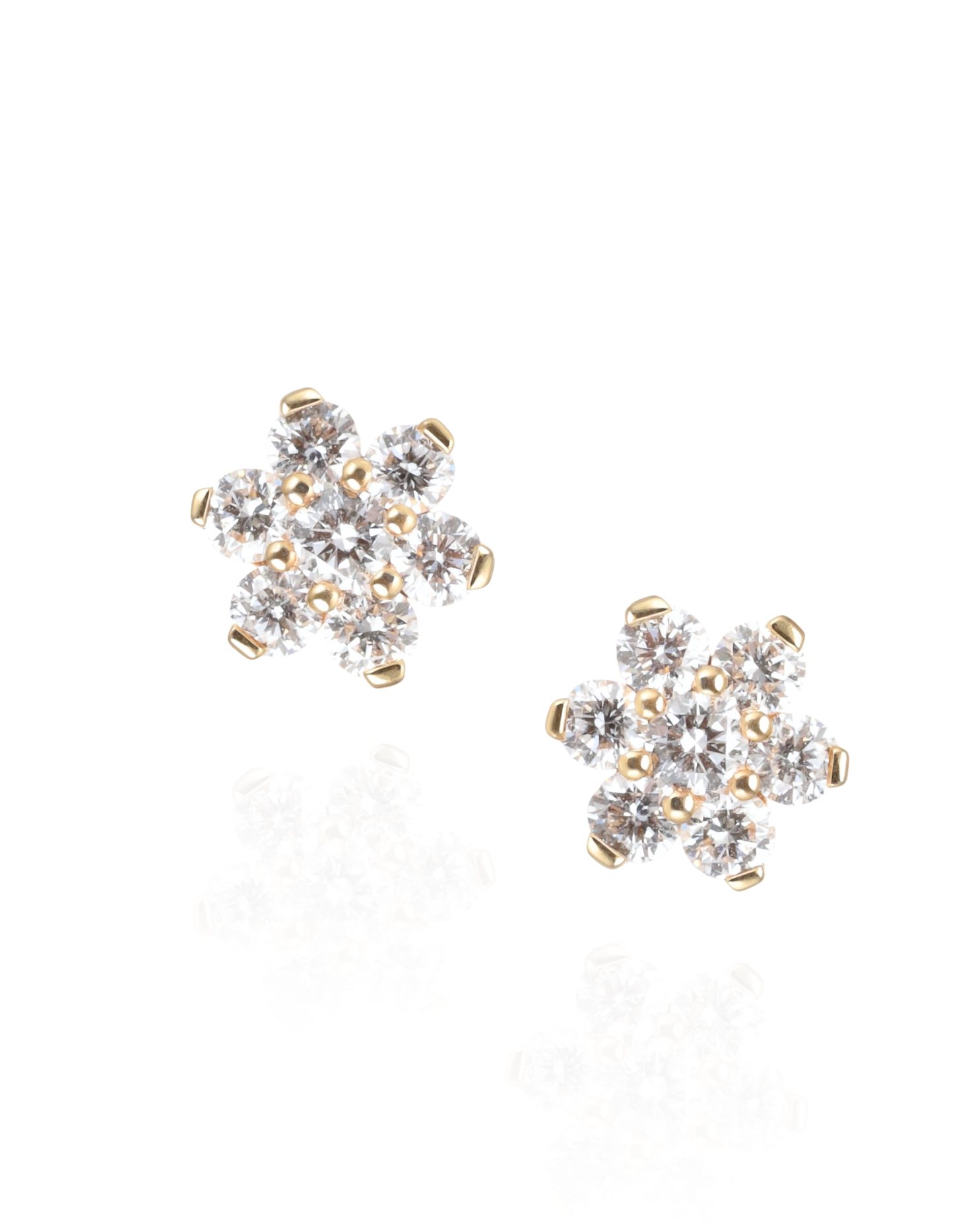 Pair of floral-shaped earrings with round cut natural Diamonds set in Yellow Gold studs on a white background, Zappacosta Jewels