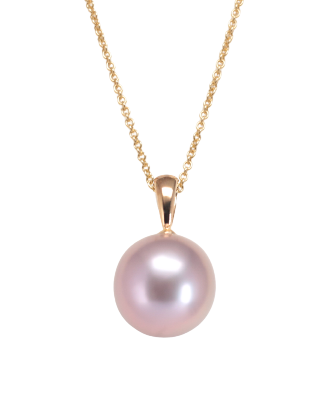 pink fresh water Pearl necklace with a gold chain on a white background