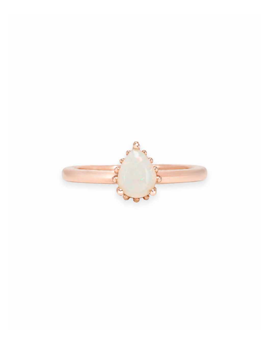 Rose gold ring with a solid white opal stone on a white background, Zappacosta Jewels