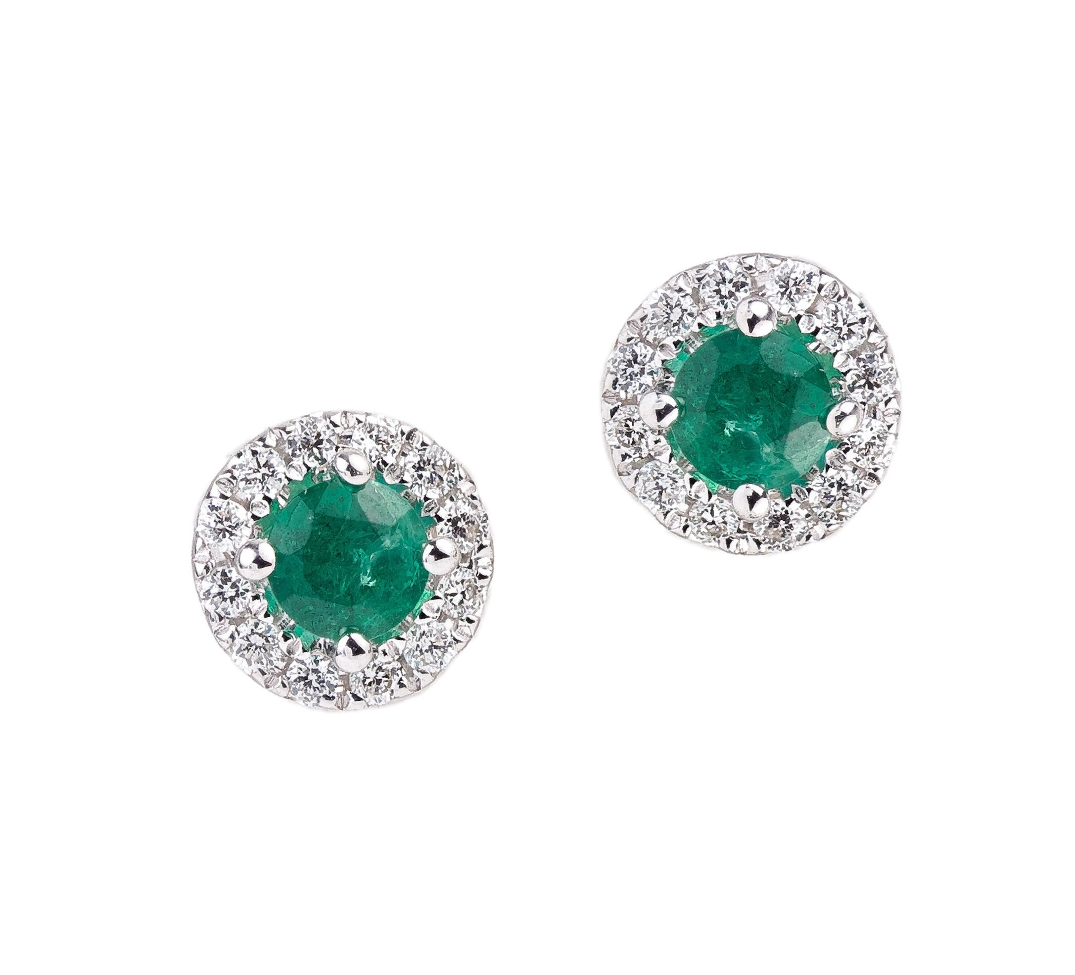 Green Emerald and Diamond Halo studs earrings.