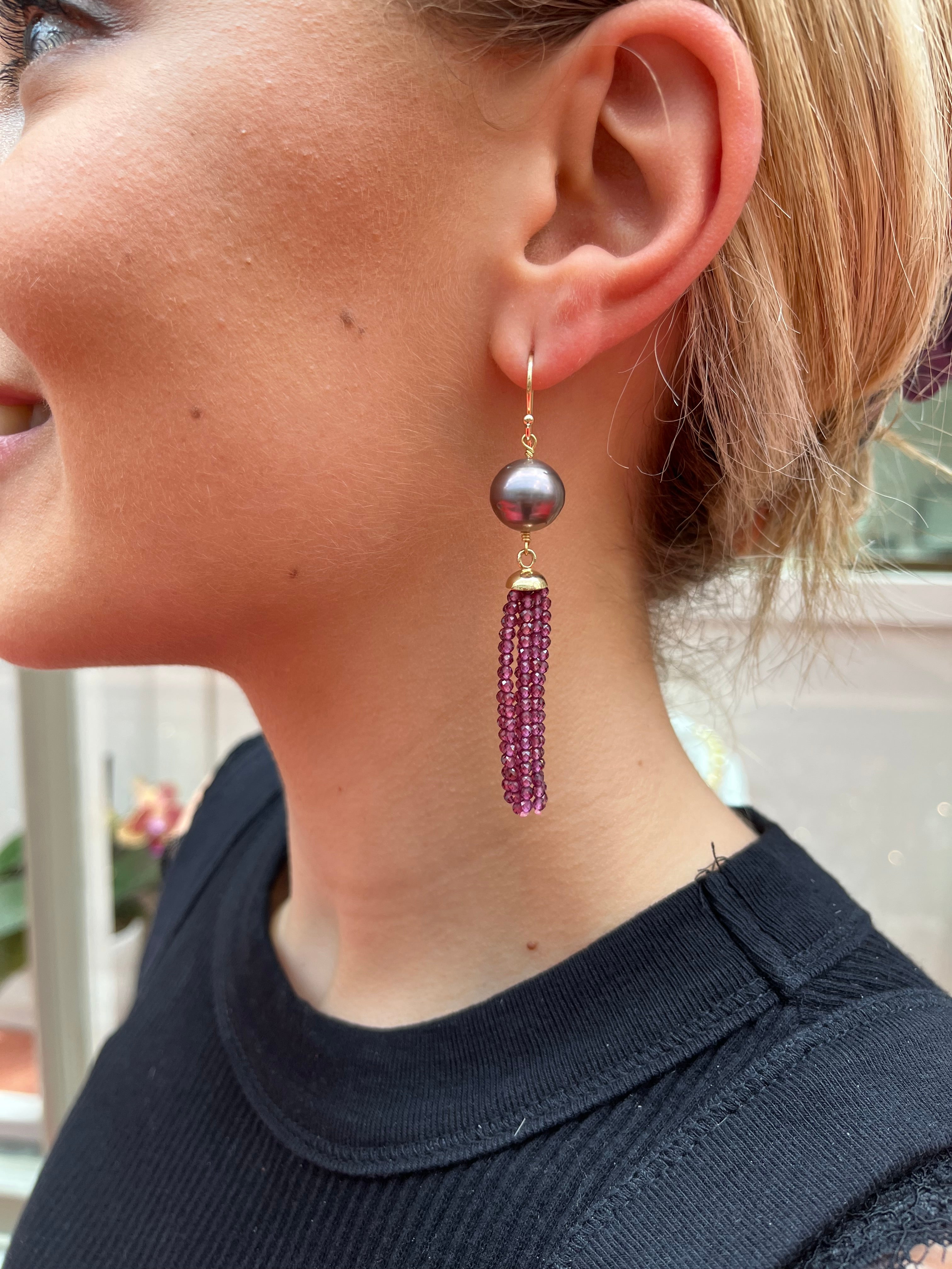Tahitian Pearl Rhodolite Garnet Waterfall Earrings