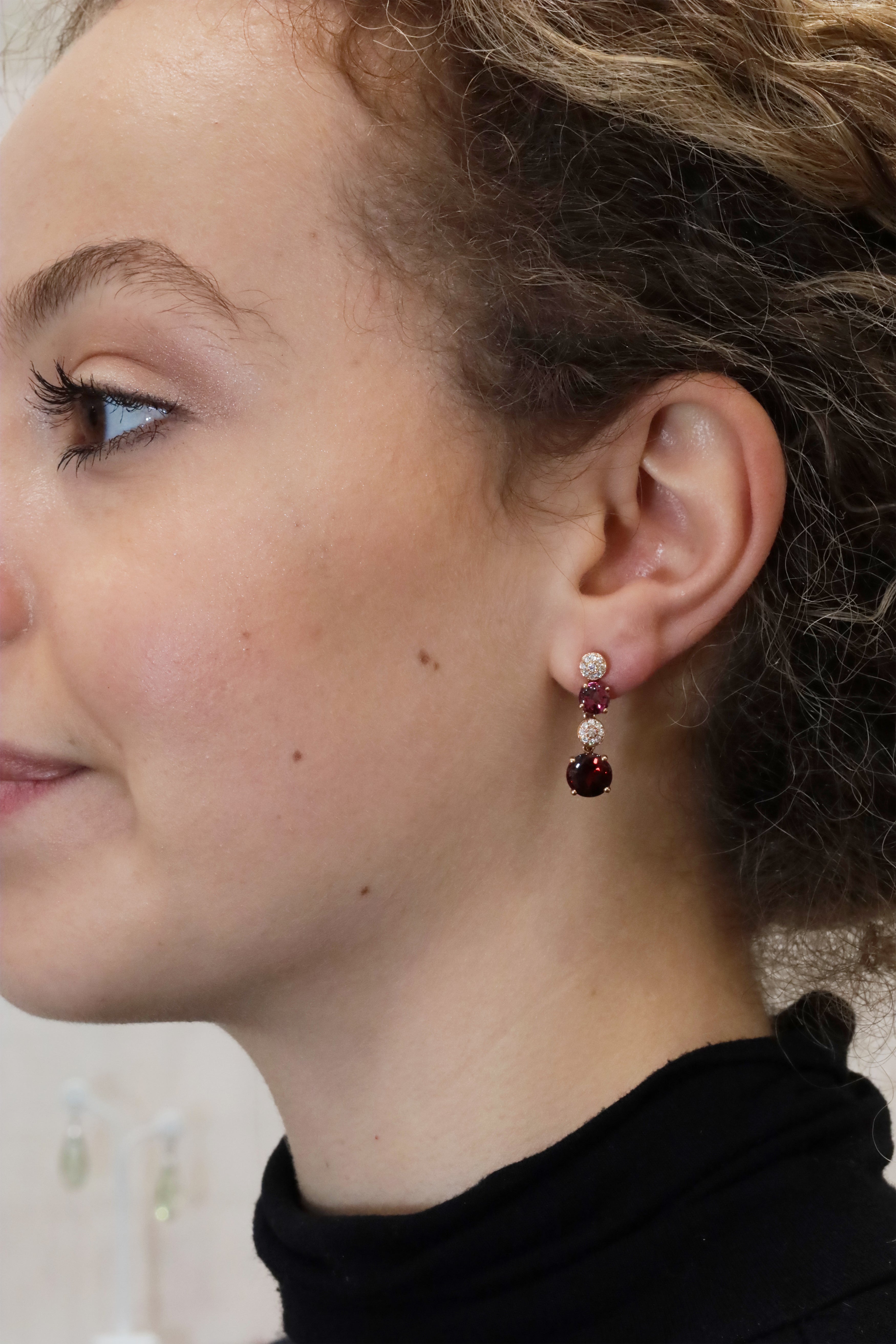 Macarons - Isabelle  Langlois -Paris -Garnet and Diamond Drop Earrings in Rose Gold