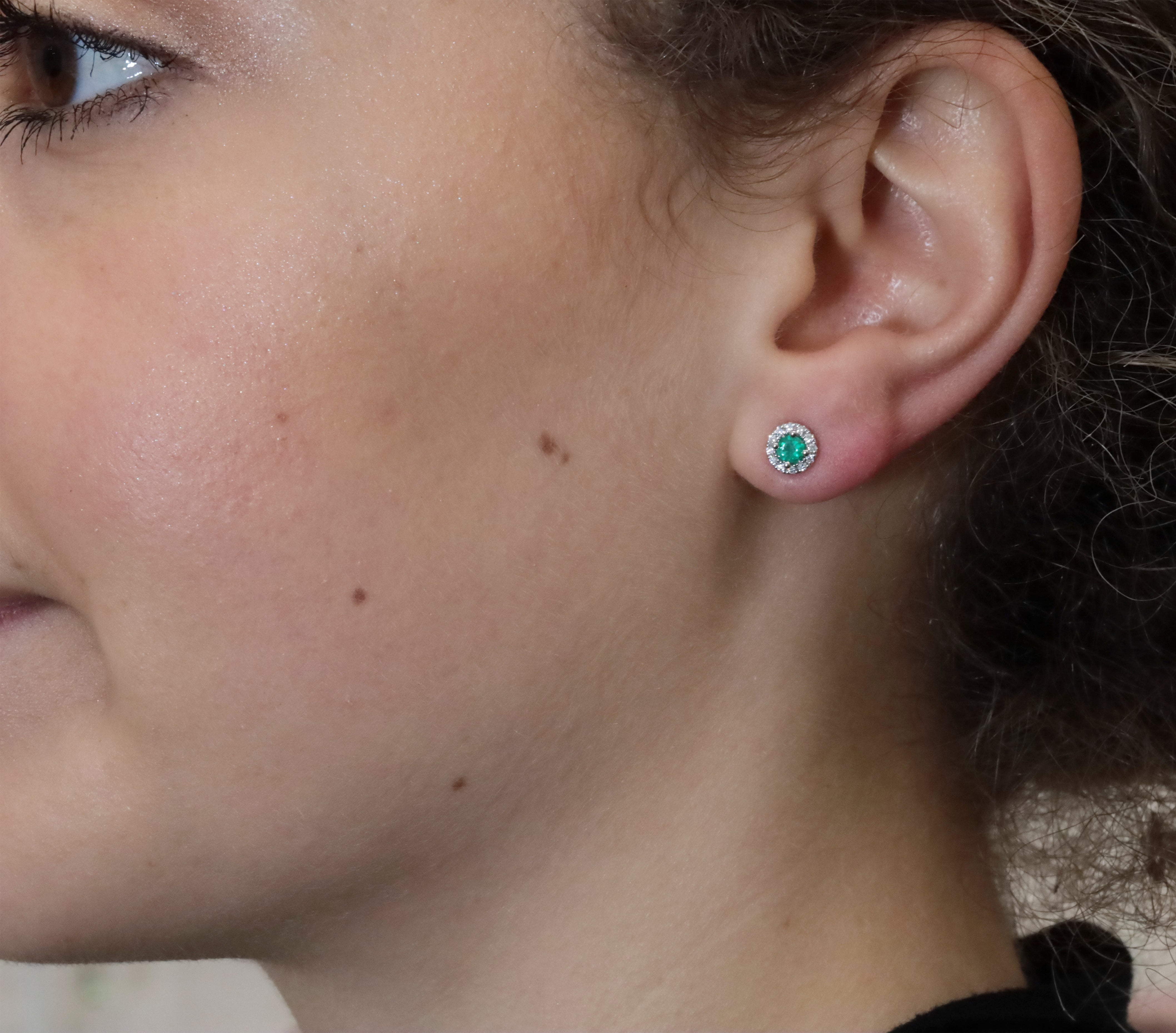 Green Emerald and Diamond Halo studs earrings.