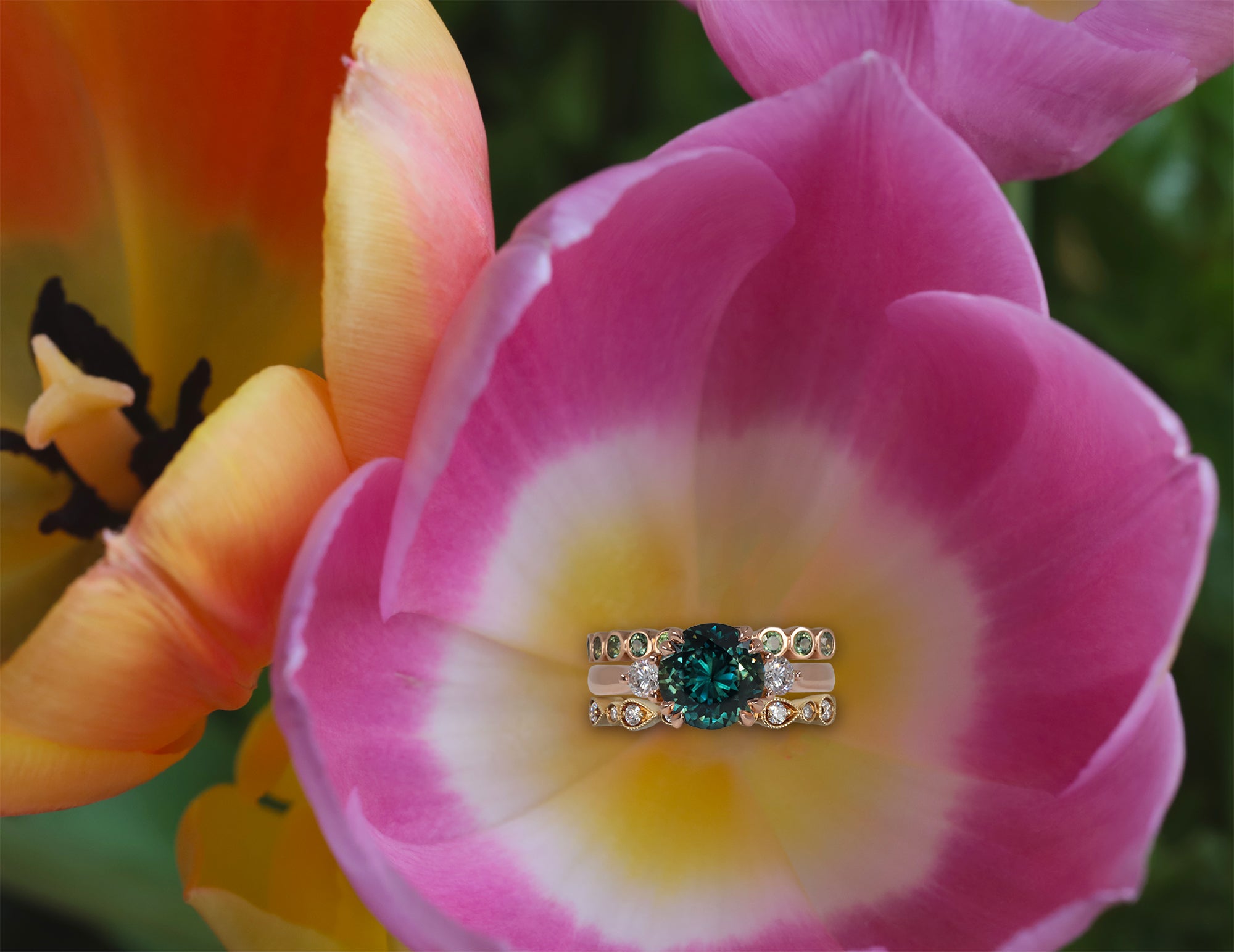 Australian Teal Sapphire and Diamond  Rose Gold Ring