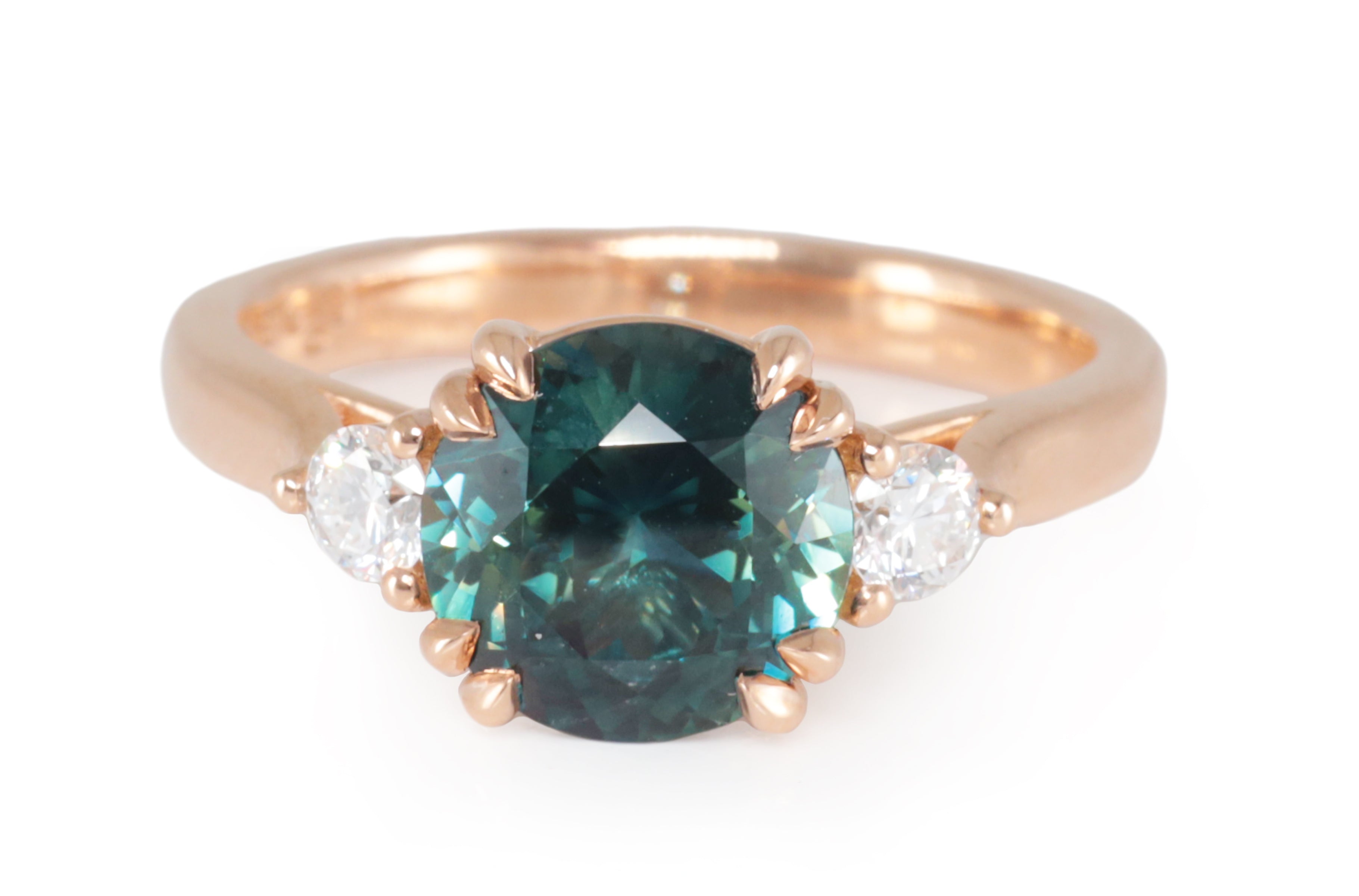 Australian Teal Sapphire and Diamond  Rose Gold Ring
